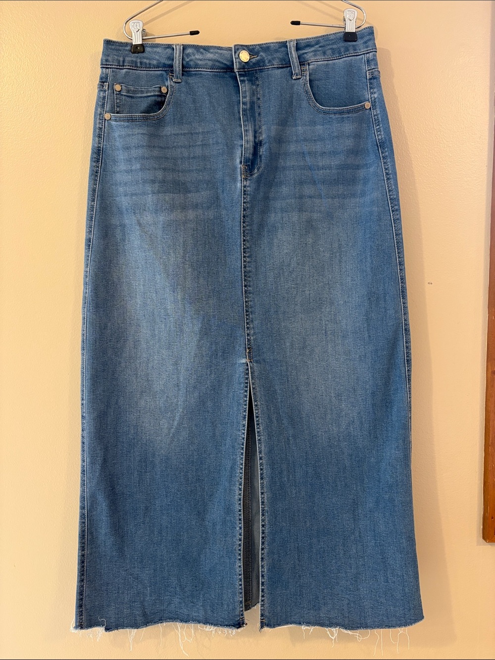 OAT New York Denim Maxi Skirt Size 12/31 Front Slit Raw Hem Stretch